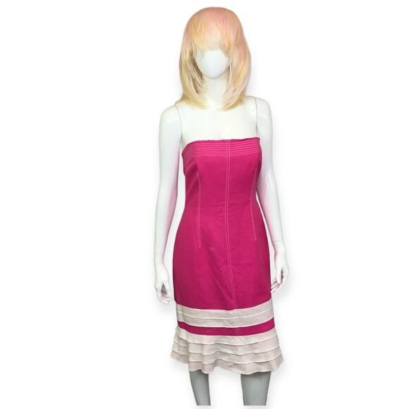NEW David Meister Vintage Fuchsia Pink Ruffle Hem Strapless Linen Mini Dress 8 - Picture 1 of 12